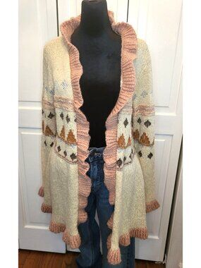 Matilda Jane Ivory Pink Open Duster Open Cardigan M Ruffle Boho Fall Western